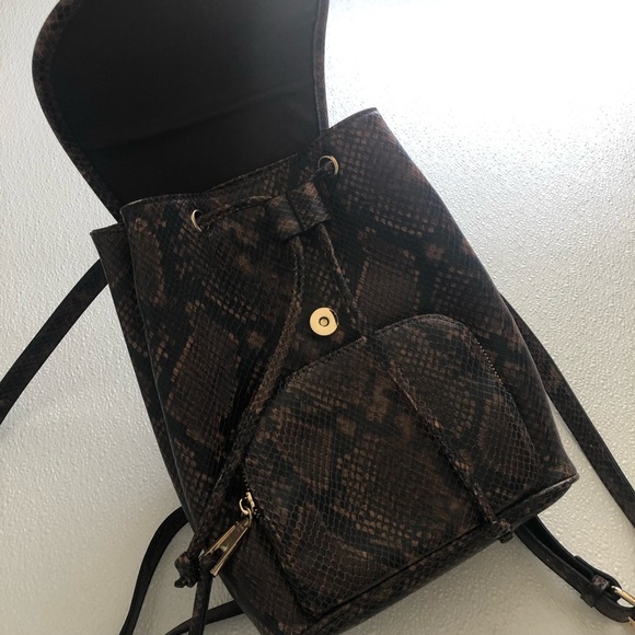 Aldo Python Snake Print Backpack Purse in Brown and Gold - Picture 3 of 15